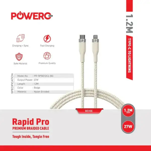 PR-RPBD12CL-WH | PowerO+ Rapid Pro Premium Braided Cable USB-C to Lightning | 1.2M | White - GulfStore.com