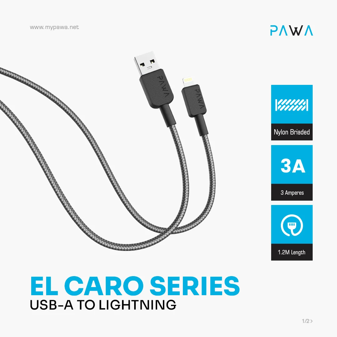 كابل باوا إل كارو من نوع USB-A إلى Lightning مضفر فاخر - أسود (PW-120BD3AL-BK)