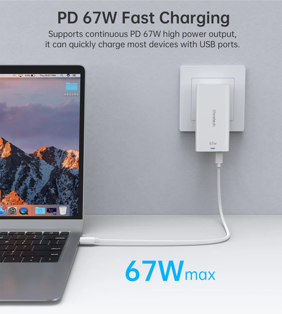 PD6011 Choetech PD65W GAN Ultra thin A+C wall charger white