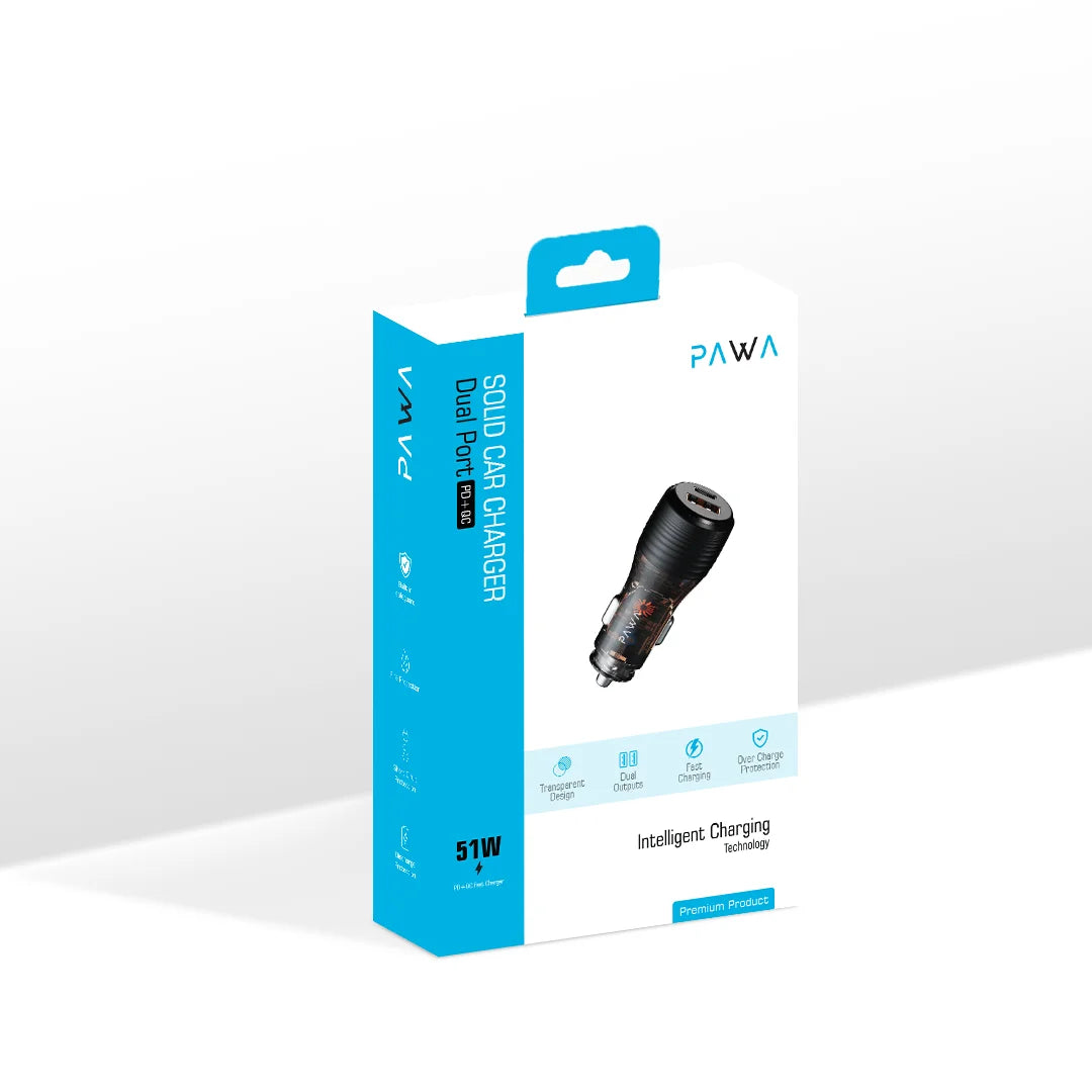 PW-CC51WCA1-TP | PAWA Solid Car Charger Dual Port PD+QC 51W | Transparent