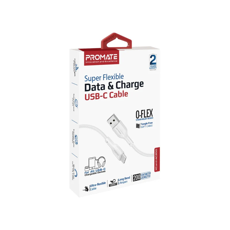 PROMATE 2M Super-Flexible USB-A to USB-C Cable • 2A Standard Charging