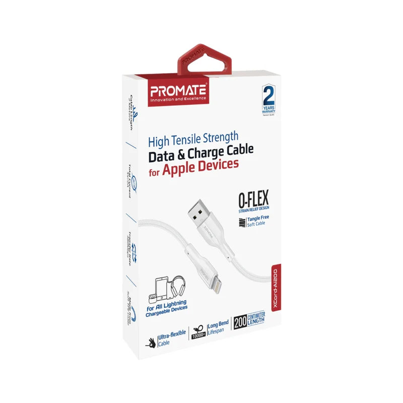 PROMATE 2M Super-Flexible USB to Lightning Connector Cable • 2A Standard Charging - White