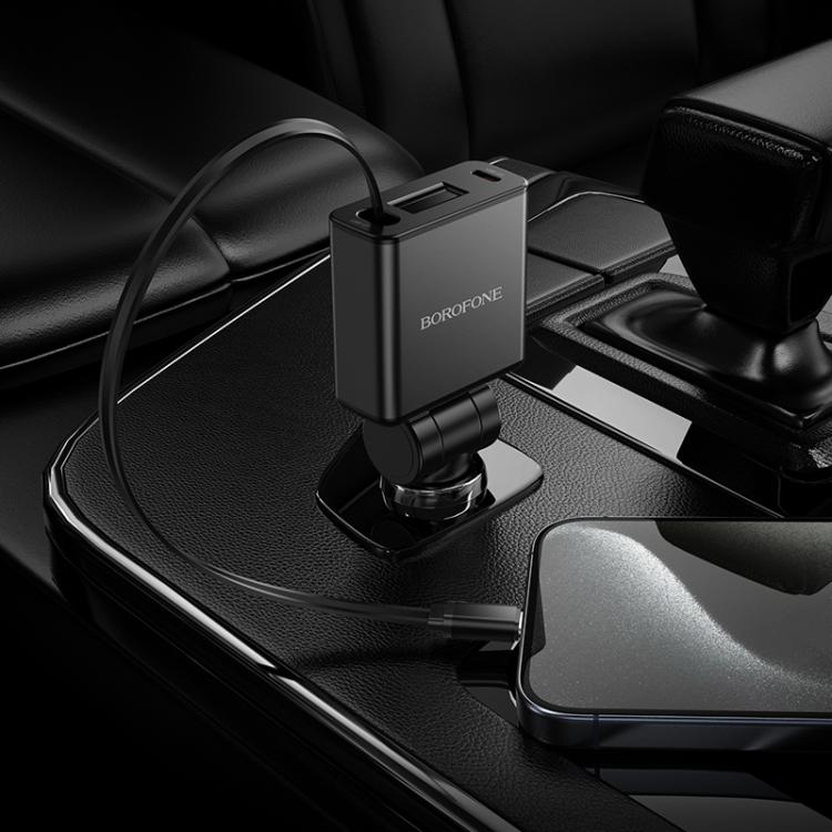 BZ33 | Borofone Auspicious PD60W | 2C Car Charger With Retractable Cable | Black