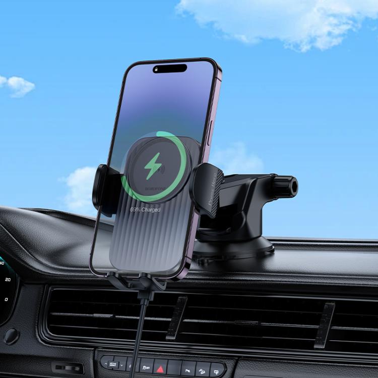 BH222 | Borofone Leading Push-Type Wireless Fast Charging Car Holder | Center Console | Black