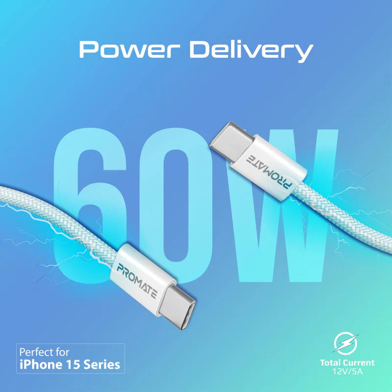 PROMATE 1.2M Ultra-Fast 60W Power Delivery USB-C Fabric Braided Cable - White