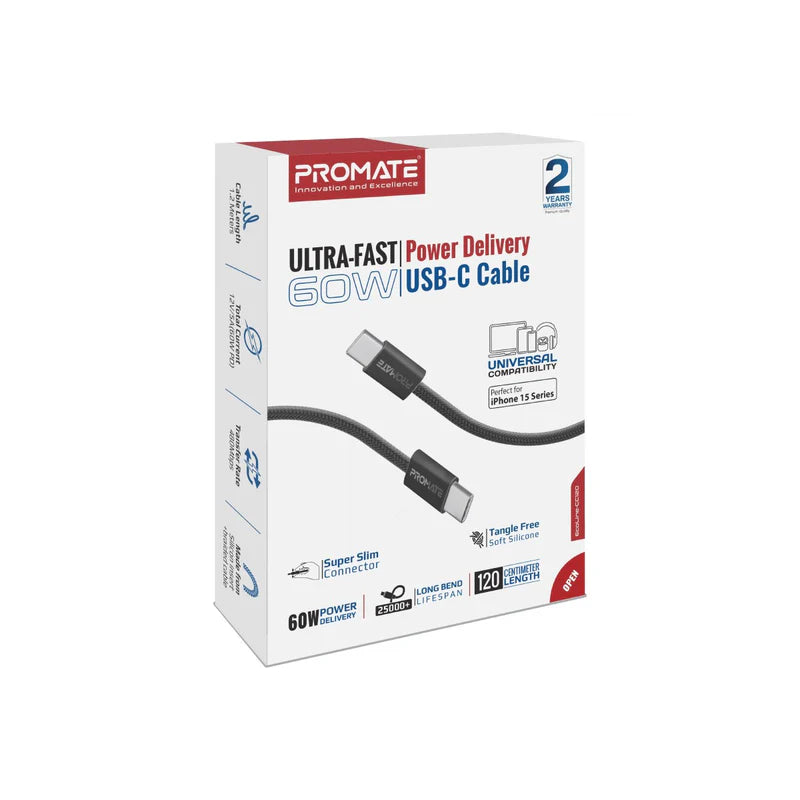 PROMATE 1.2M Ultra-Fast 60W Power Delivery USB-C Fabric Braided Cable - Black