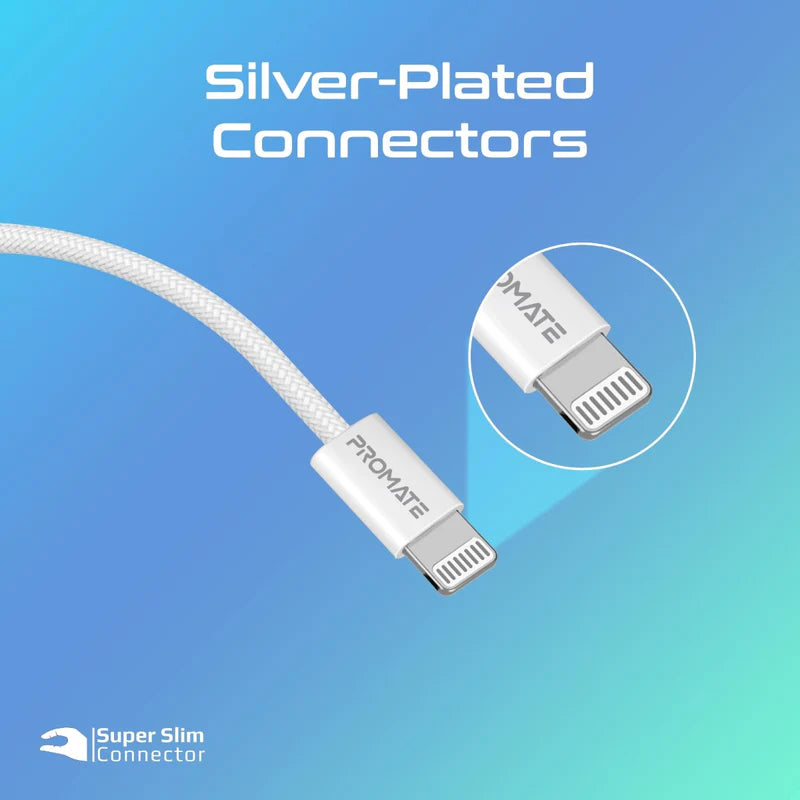 PROMATE 1.2M Super-Fast 27W Power Delivery USB-C to Lightning Fabric Braided Cable - White