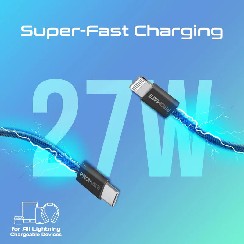 PROMATE 1.2M Super-Fast 27W Power Delivery USB-C to Lightning Fabric Braided Cable - Black