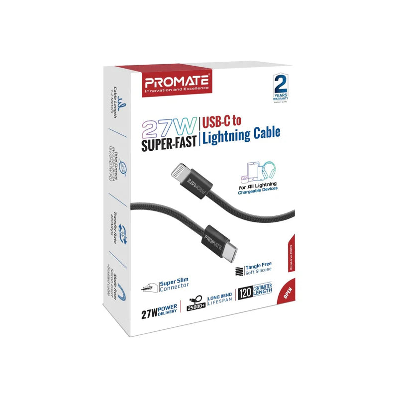 PROMATE 1.2M Super-Fast 27W Power Delivery USB-C to Lightning Fabric Braided Cable - Black