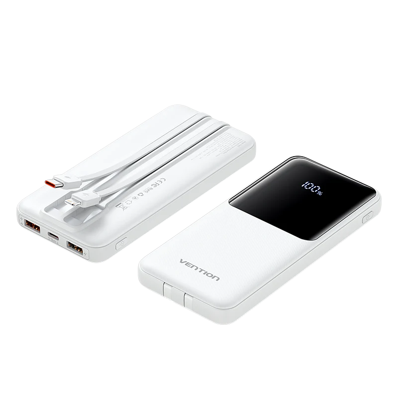 FHOW0 | Vention Power Bank 10000mAh (Micro-USB + USB-C + USB-A + USB-A) with Built-in USB-C and Lightning Cables 22.5W | White