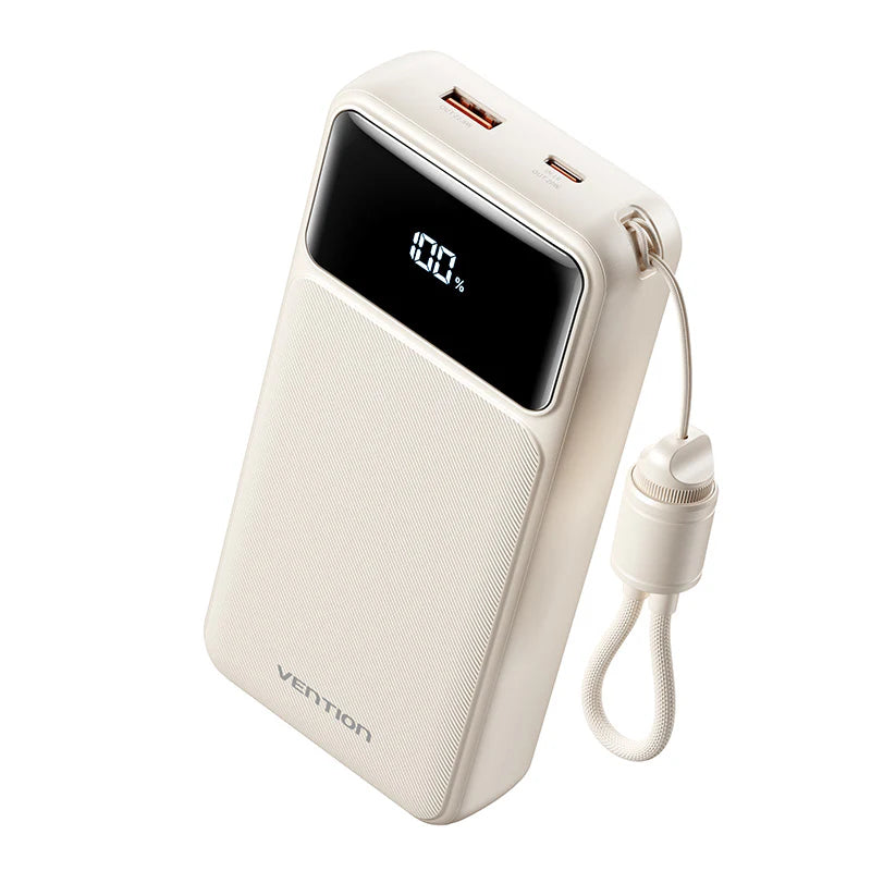 FHPW0 | Vention Power Bank 20000mAh (Micro-USB + USB-C + USB-A + USB-A) with Built-in USB-C and Lightning Cables 22.5W | White