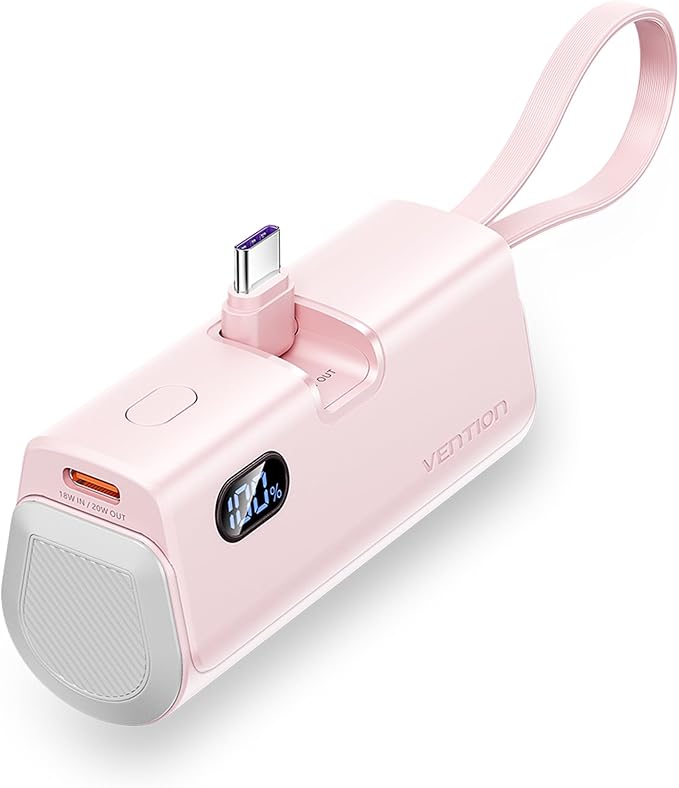 FHQP0 | Vention Power Bank LED Display 4800mAh (USB-C + Lightning + USB-C) 22.5W Foldable USB-C Type | Pink