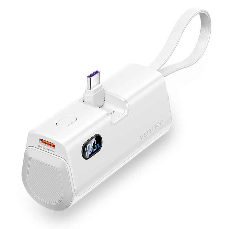 FHQW0 | Vention Power Bank LED Display 4800mAh (USB-C + Lightning + USB-C) 22.5W Foldable USB-C Type | White