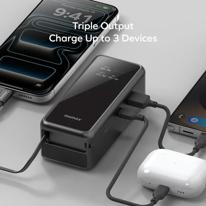 IP167GSD | Momax 1-PAC+ 10000mAh 3 in 1 Hybrid GaN Battery Pack with Build-in retractable Cable | Black - GulfStore.com