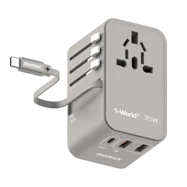 UA18E , 1-World+ 70W GaN 3-Port w/ Built-in USB-C Cable + AC Travel Adaptor (Grey) - GulfStore.com