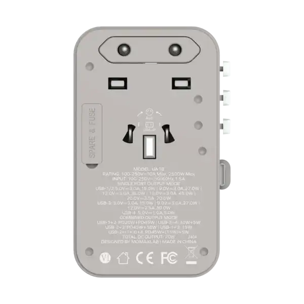 UA18E , 1-World+ 70W GaN 3-Port w/ Built-in USB-C Cable + AC Travel Adaptor (Grey) - GulfStore.com