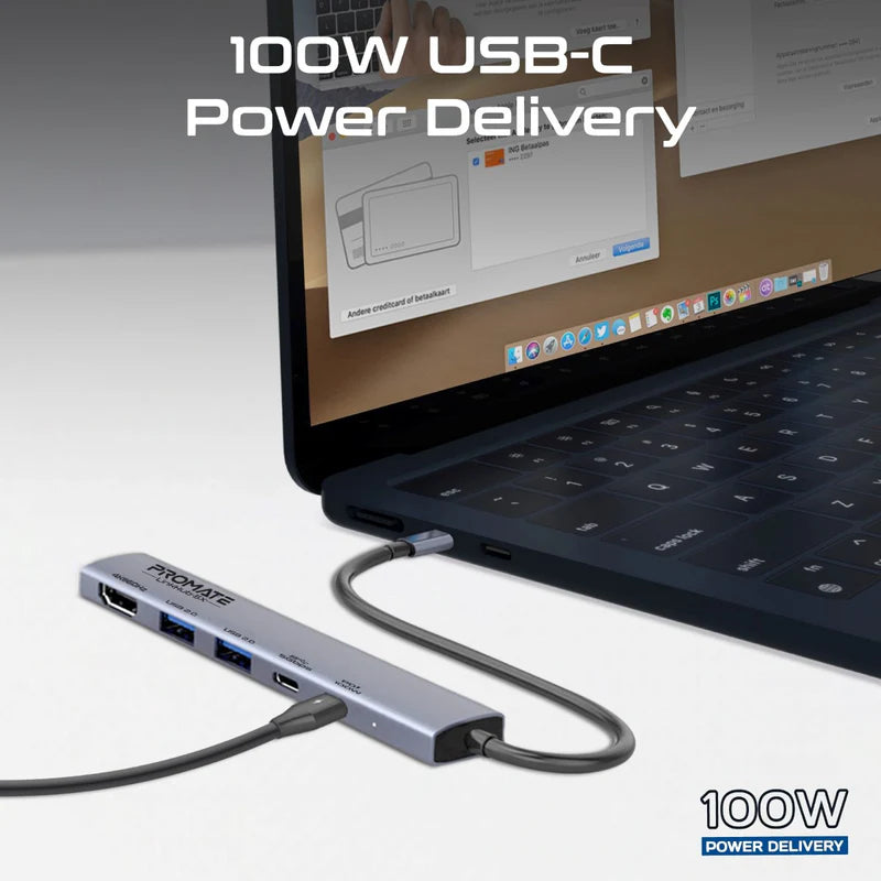 PROMATE 4K@60Hz Multi-function High Speed USB-C Hub with 100W Power Delivery
