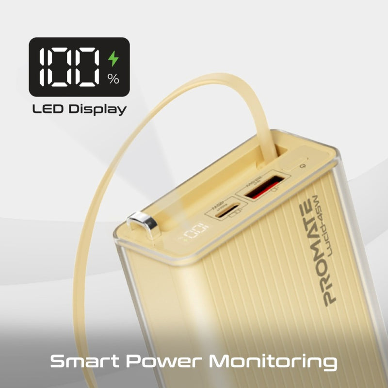 PROMATE Lucid-45W 20,000mAh power bank featuring 45W fast charging, a built-in retractable USB-C cable for cable-free convenience - Gold