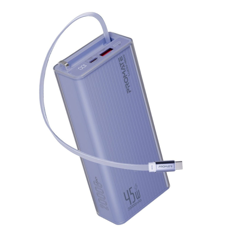 PROMATE Lucid-45W 20,000mAh power bank featuring 45W fast charging, a built-in retractable USB-C cable for cable-free convenience - Purple