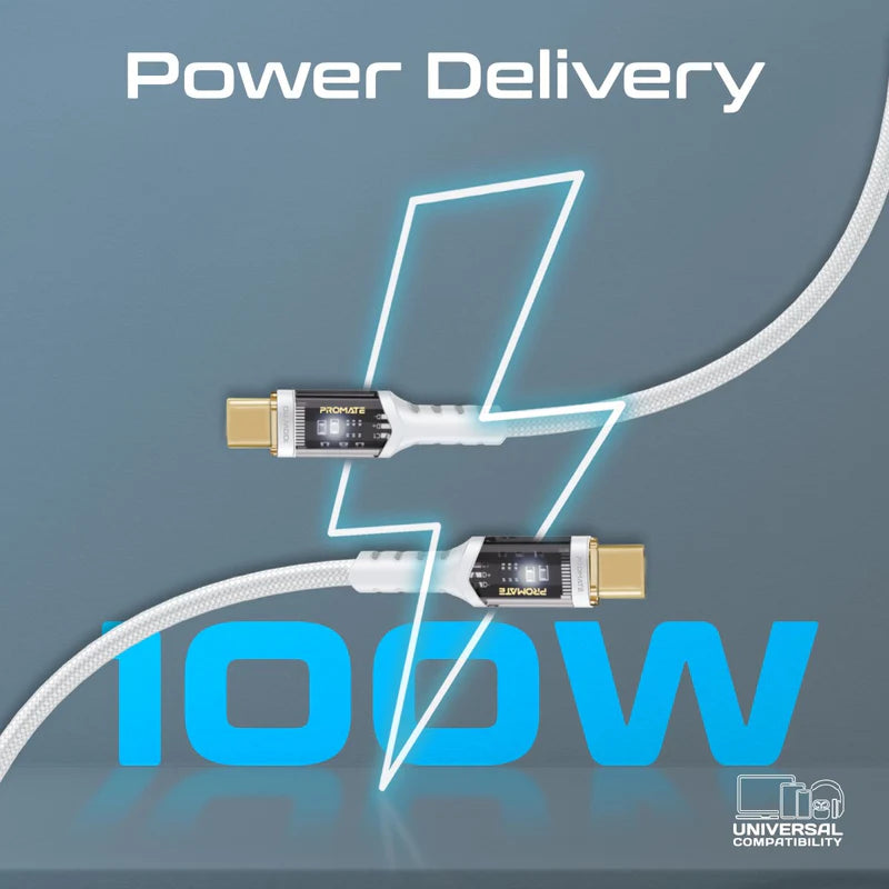 (LucidLine-CC120.White) PROMATE 1.2M 100W Power Delivery Ultra-Fast USB-C Cable with Transparent Shells - White