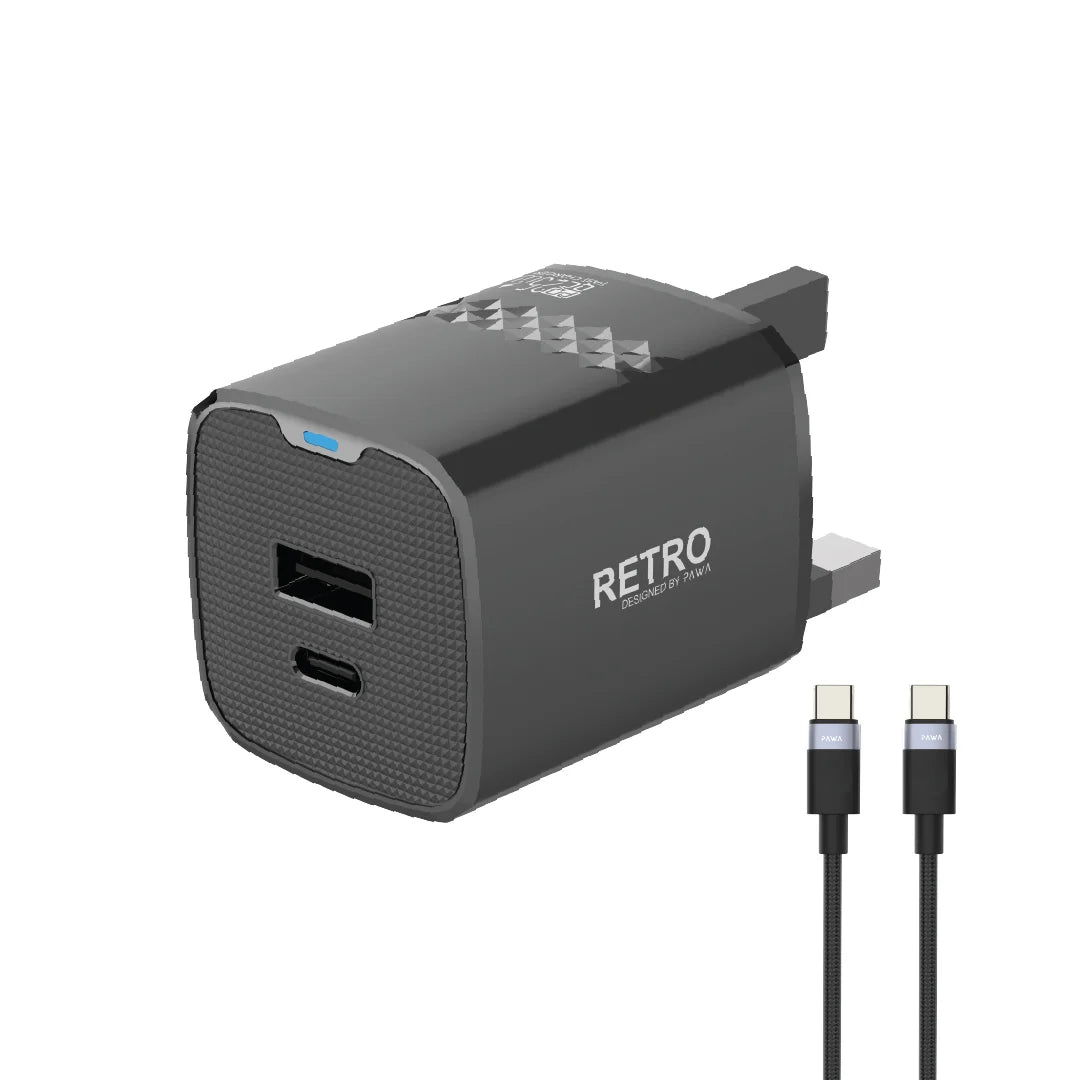 PW-TR225UKT-BK | كابل باوا ريترو ٢٥ واط مع منفذ PD+QC، قابس بريطاني، وكابل من النوع C إلى النوع C | أسود