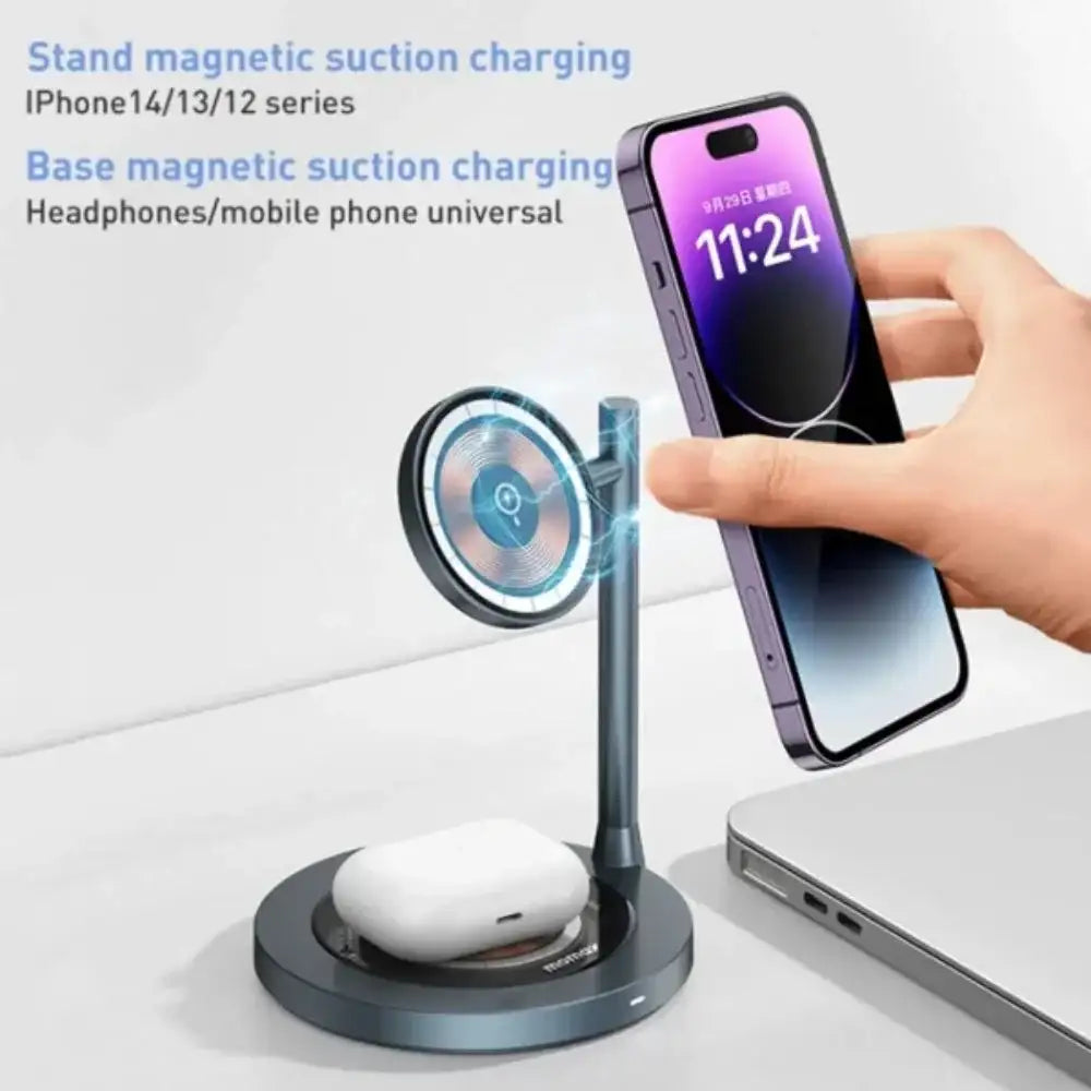 UD36L | Momax 1-Charge Q.Port Qi2 3-in-1 Magnetic Wireless Charging Stand | Titanium - GulfStore.com