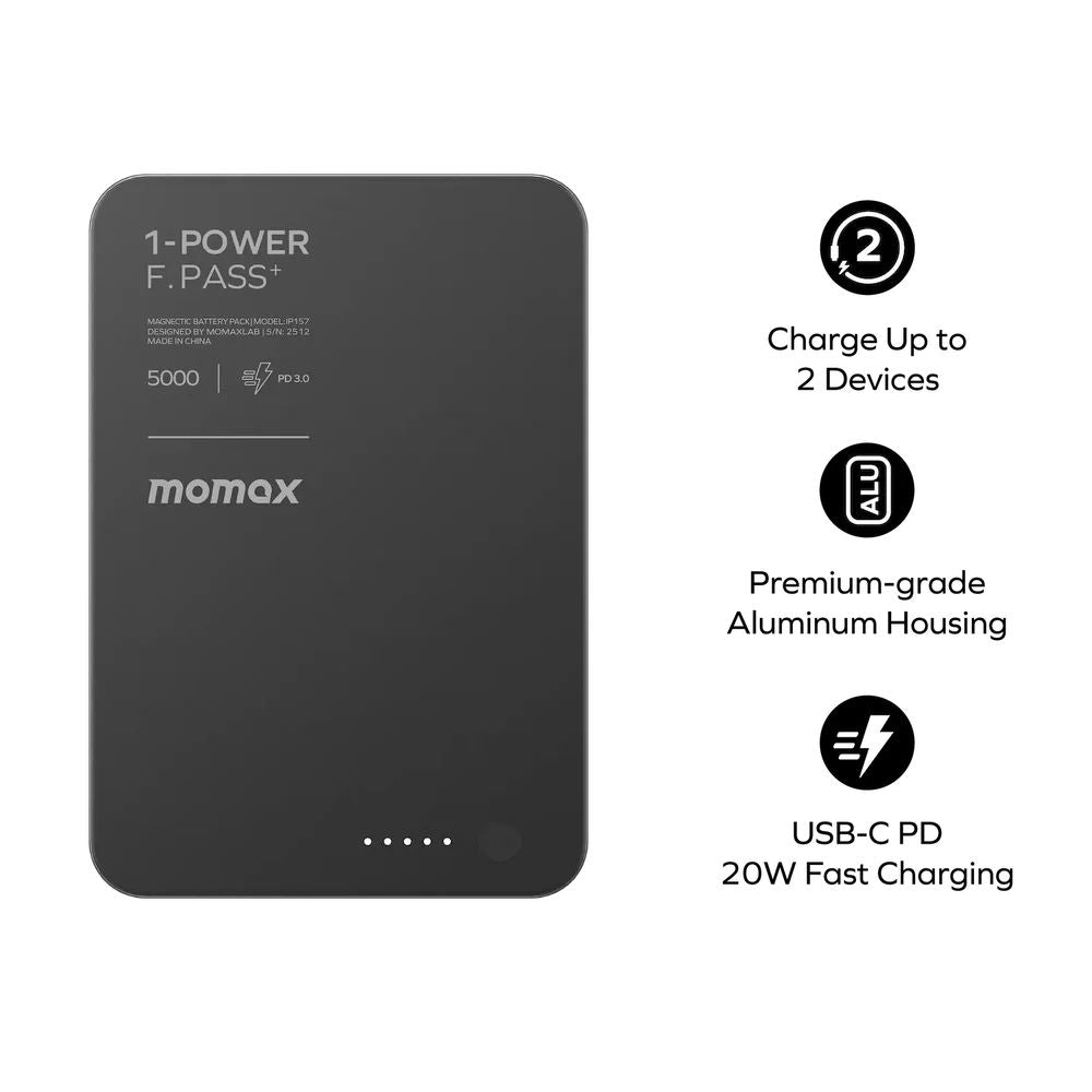 IP157D | Momax 1-Power F.Pass+ 5000mAh Battery Pack with Built-in Cable and Magnetic attachment | Black
