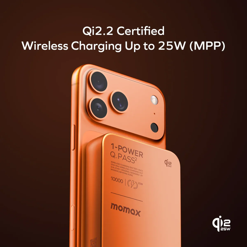 IP168Q22M | Momax 1-Power Q.Pass2 10000mAh Qi2.2 Magnetic Wireless Battery Pack | Orange