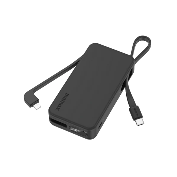 IP138MFID | Momax 1-Power Vital+ 10000mAh Battery Pack with Built-in USB-C and Lightning Cable | Black