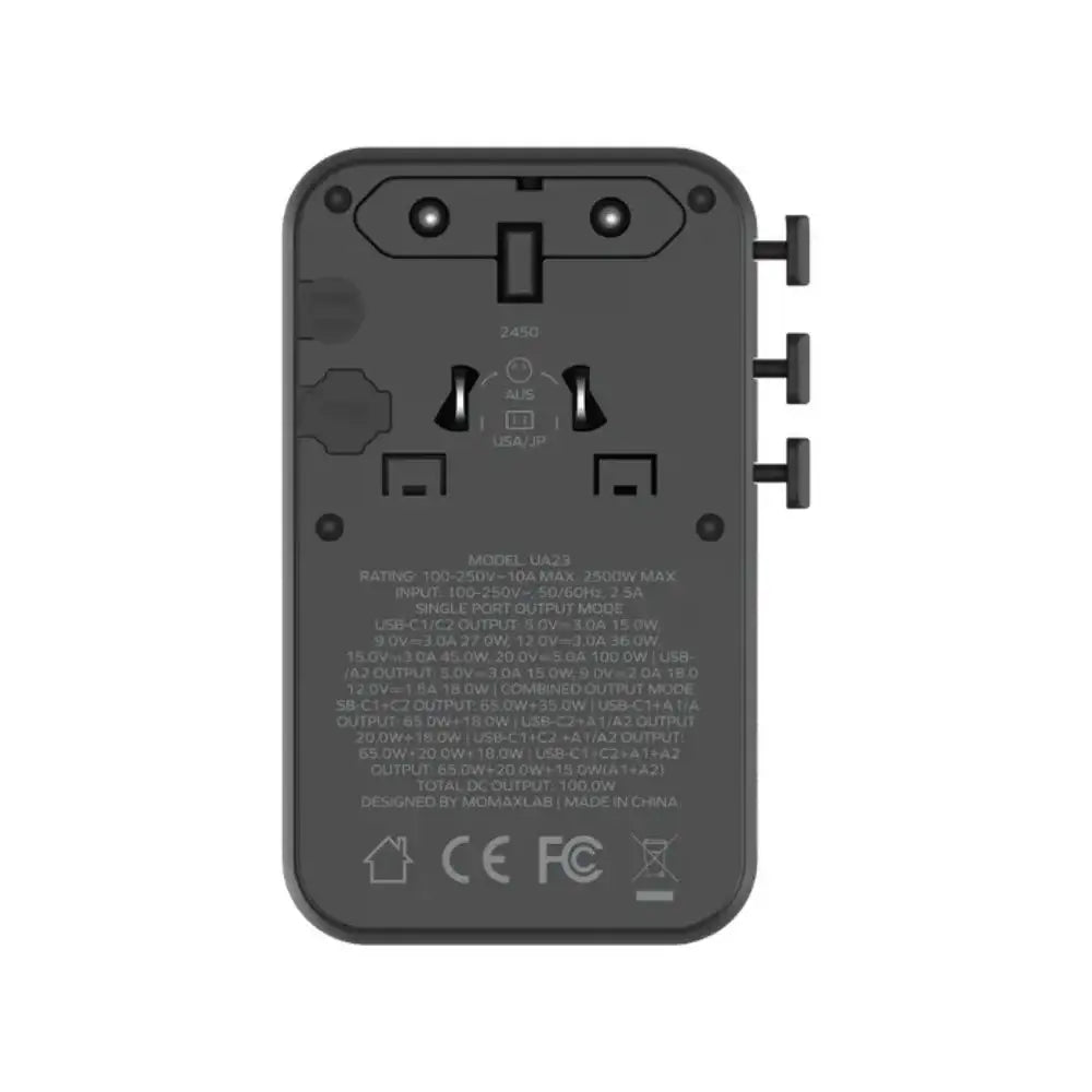 UA23D | Momax 1-World2 100W 4-Port USB-C Dual AC Travel Adaptor | Black - GulfStore.com