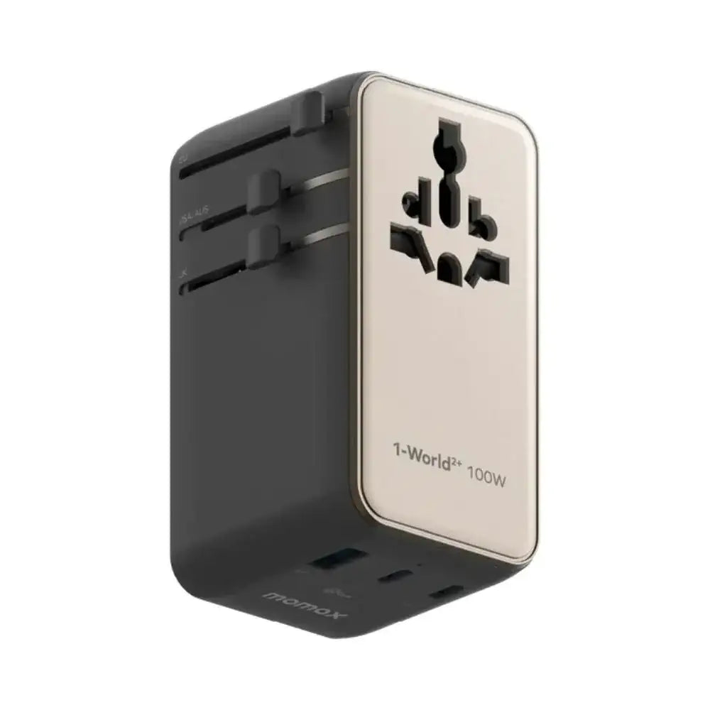 UA25L | Momax 1-World2+ 100W 4-Port Dual AC Travel Adaptor with Built-in retractable Cable | Titanium - GulfStore.com