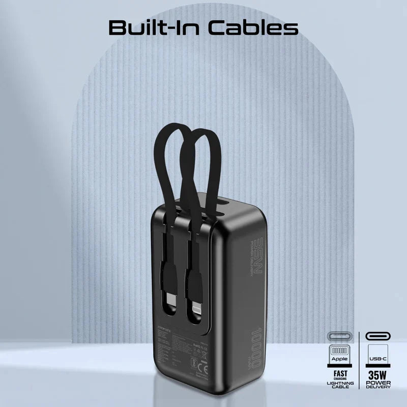 بنك طاقة بروميت مافريكس مزود بكابل USB-C وكابل لايتنينج مدمجين - 35 واط / 10000 مللي أمبير / أسود فانتوم