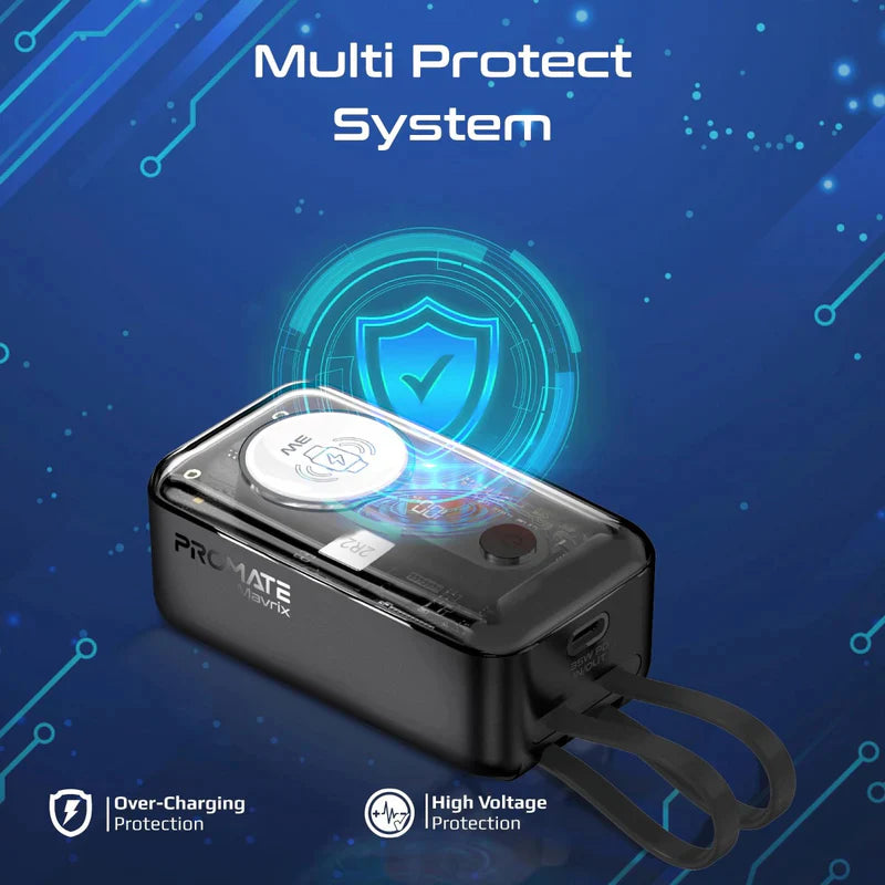 بنك طاقة بروميت مافريكس مزود بكابل USB-C وكابل لايتنينج مدمجين - 35 واط / 10000 مللي أمبير / أسود فانتوم