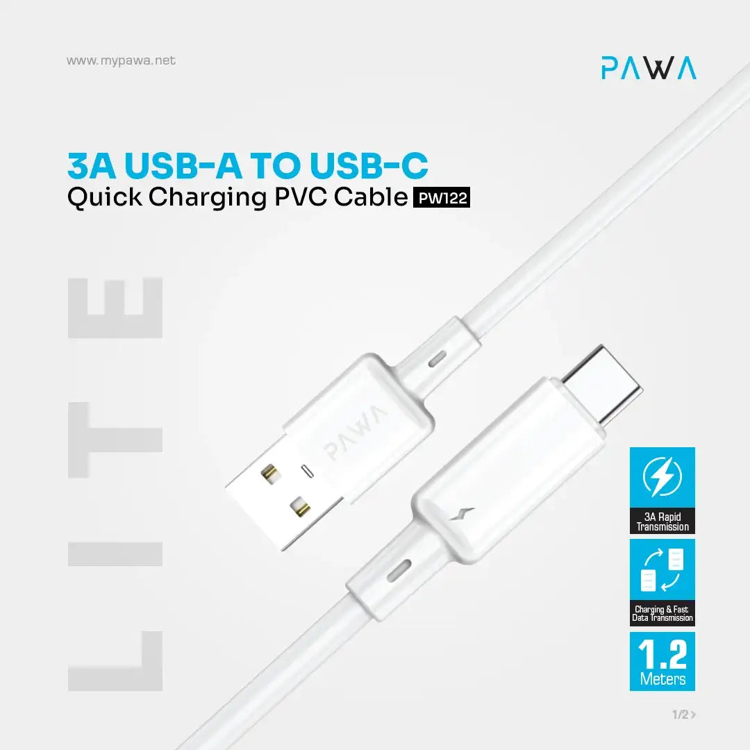 PW-BDC312AT-WH | PAWA Lite 3A USB-A to Type-C Quick Charging PVC Cable 1.2M PW122 | White - GulfStore.com