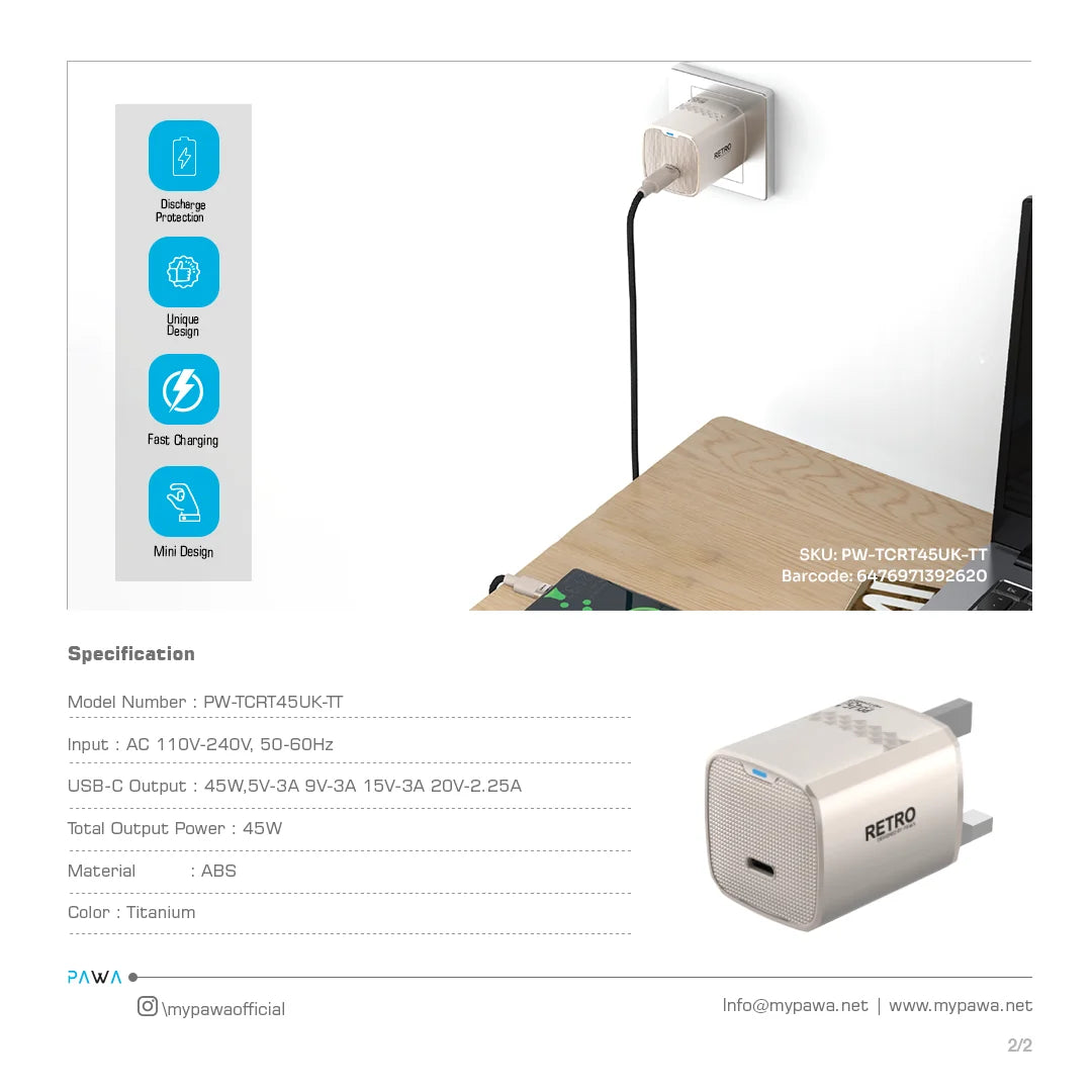 PW-TCRT45UK-TT | قابس باوا ريترو 45 واط بمنفذ Type-C من المملكة المتحدة | تيتانيوم