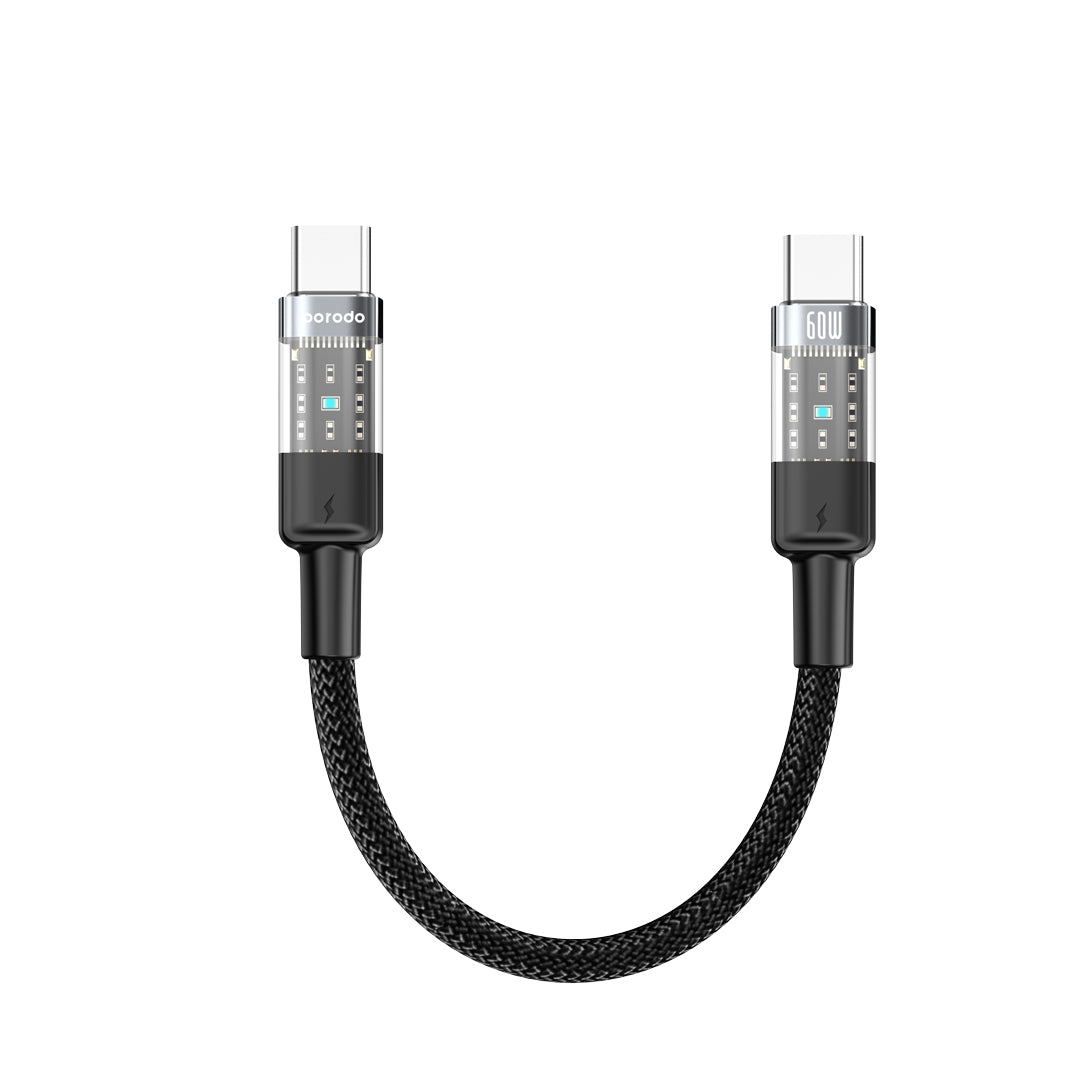 PD-60WCCTH-BK | Porodo Braided Cable Transparent USB-C To USB-C Fast Charge & Data 35cm/1.1ft | Black