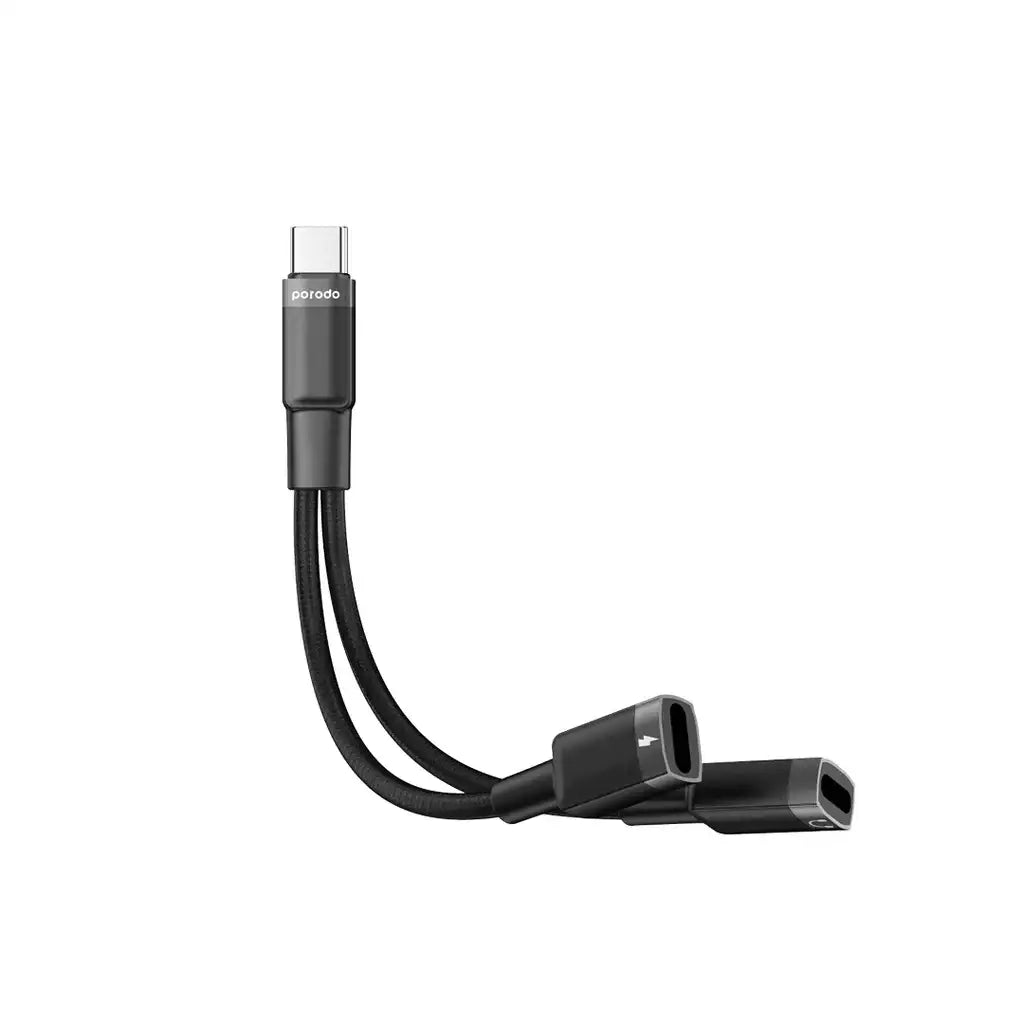 Porodo Type-C Connector Audio & Charge Adapter(0.12m) - Black