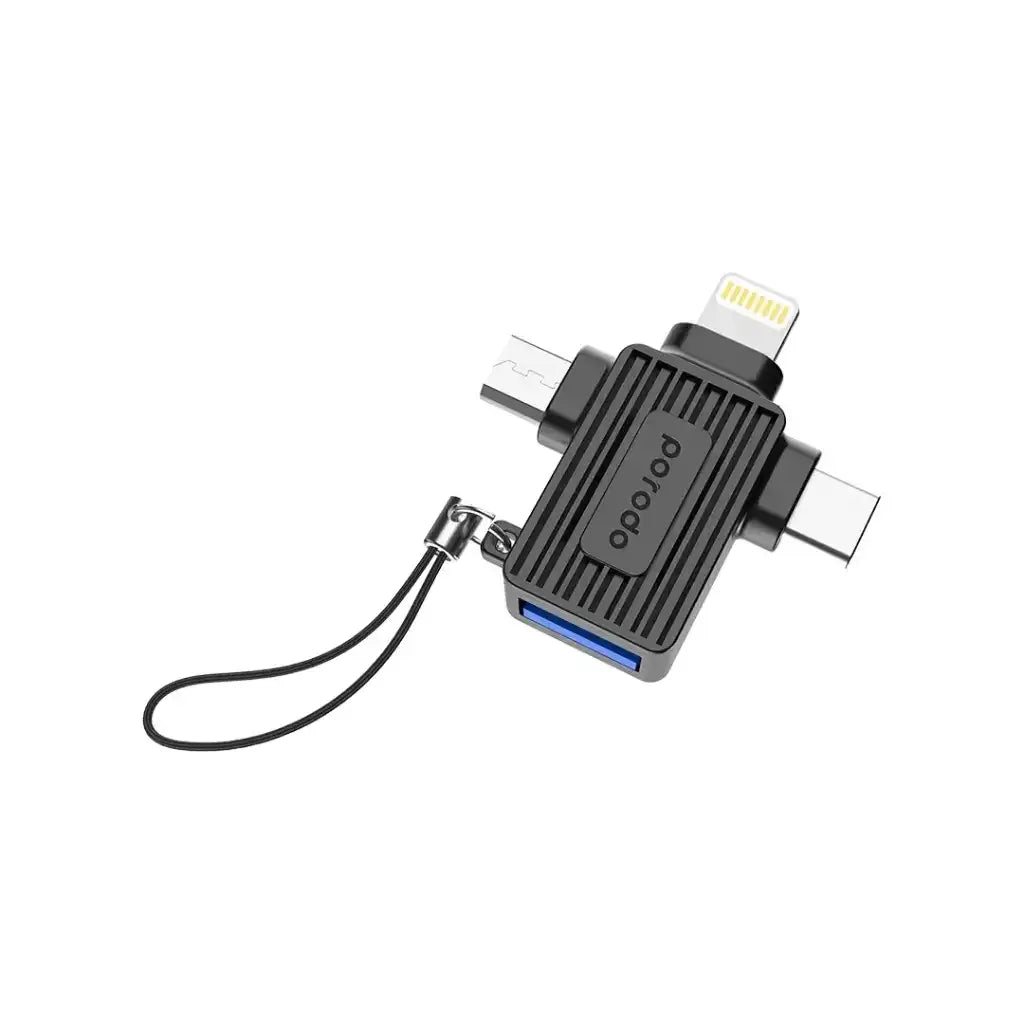 PD-CBL0025-BK , Porodo CBL025 OTG Adapter USB A to Lightning Micro and Type-C - Black - GulfStore.com