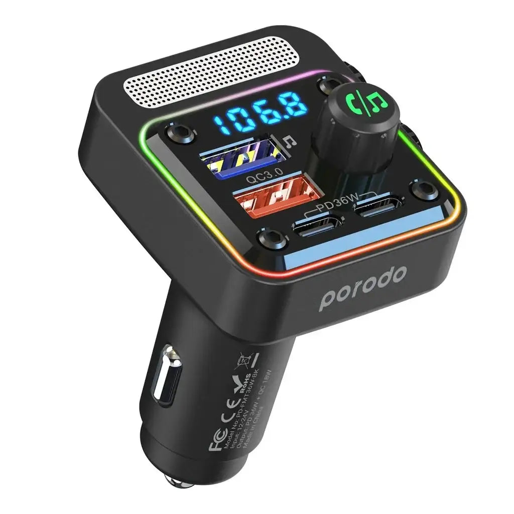 PD-FMT36W-BK , Porodo Quick-Charge FM Car Charger Dual USB-C & USB-A-Black - GulfStore.com