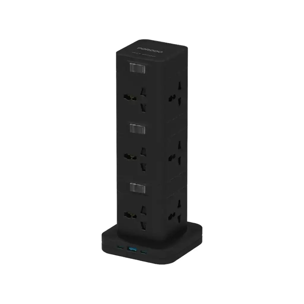 PD-FWCH042-BK , Porodo Three-Story 12AC Power Hub With USB-C PD & Quick Charge 3.0 - Black - GulfStore.com
