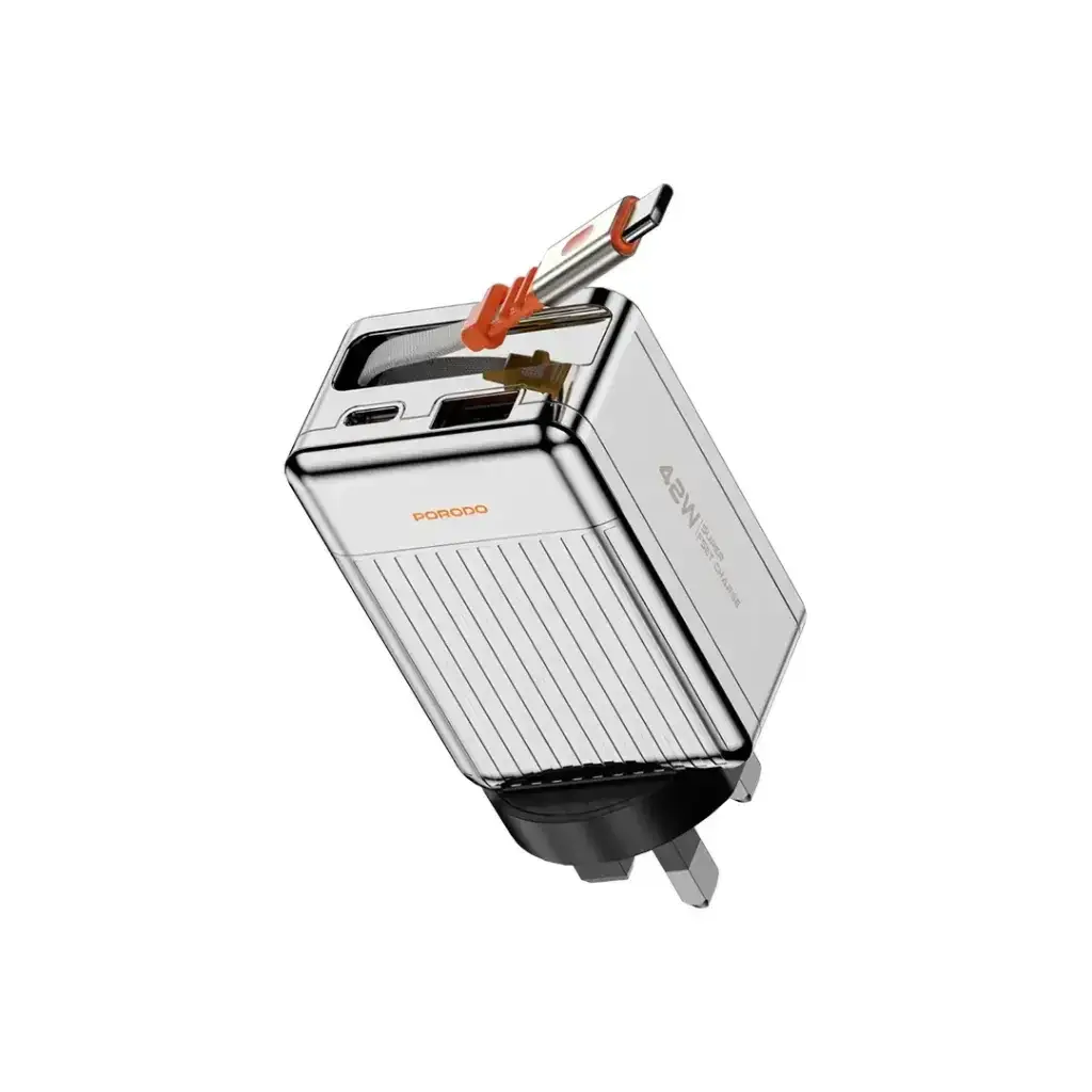 PD-FWCH054-SL , Porodo 75cm Retractable Type-C Super Quick GaN Charger-Silver - GulfStore.com