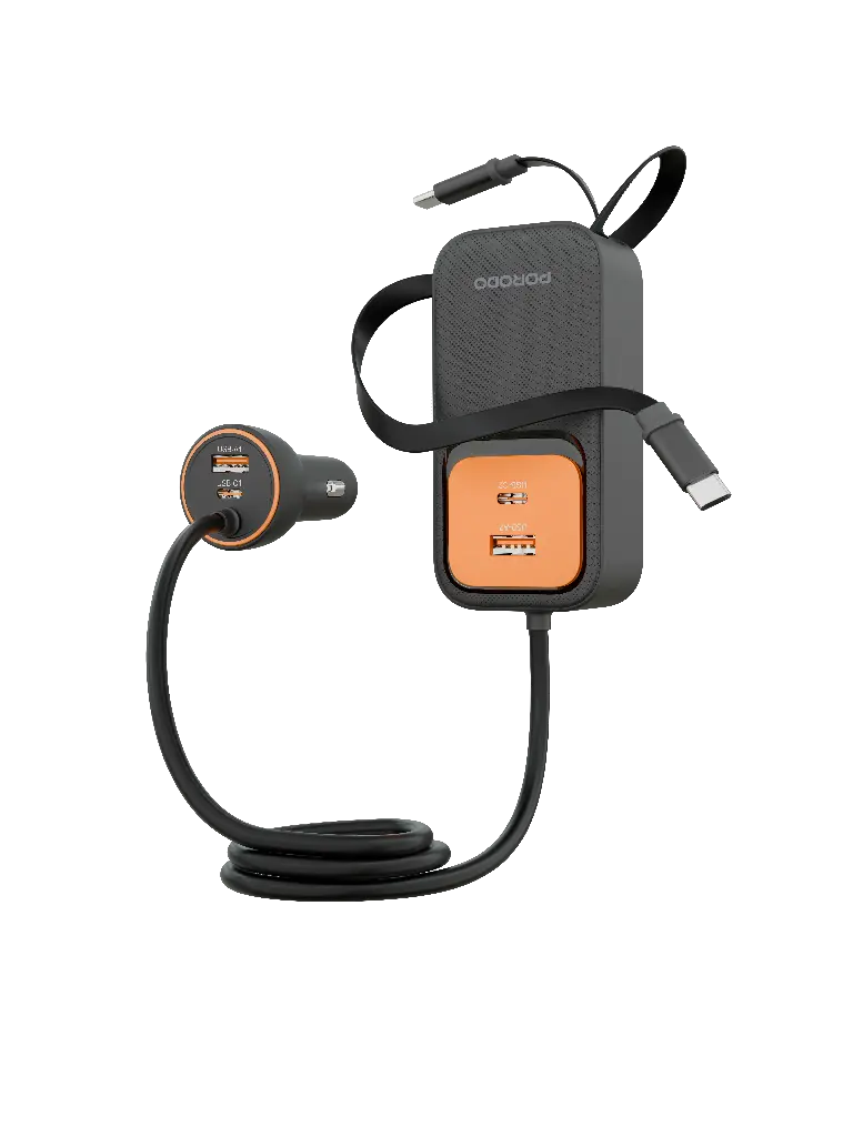 PDCCR32BK | Porodo Enzo Multi-Port Car Charger Dual 70cm Retractable Cables | Black