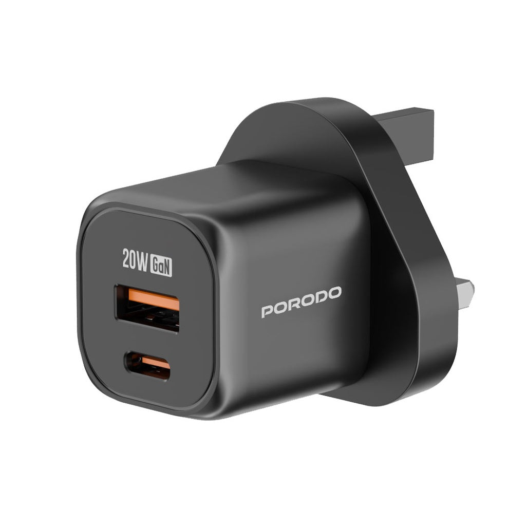 AC9694BK | Porodo GaN Dual Port Wall Chargre with Type-C Cable 1.2 | Black