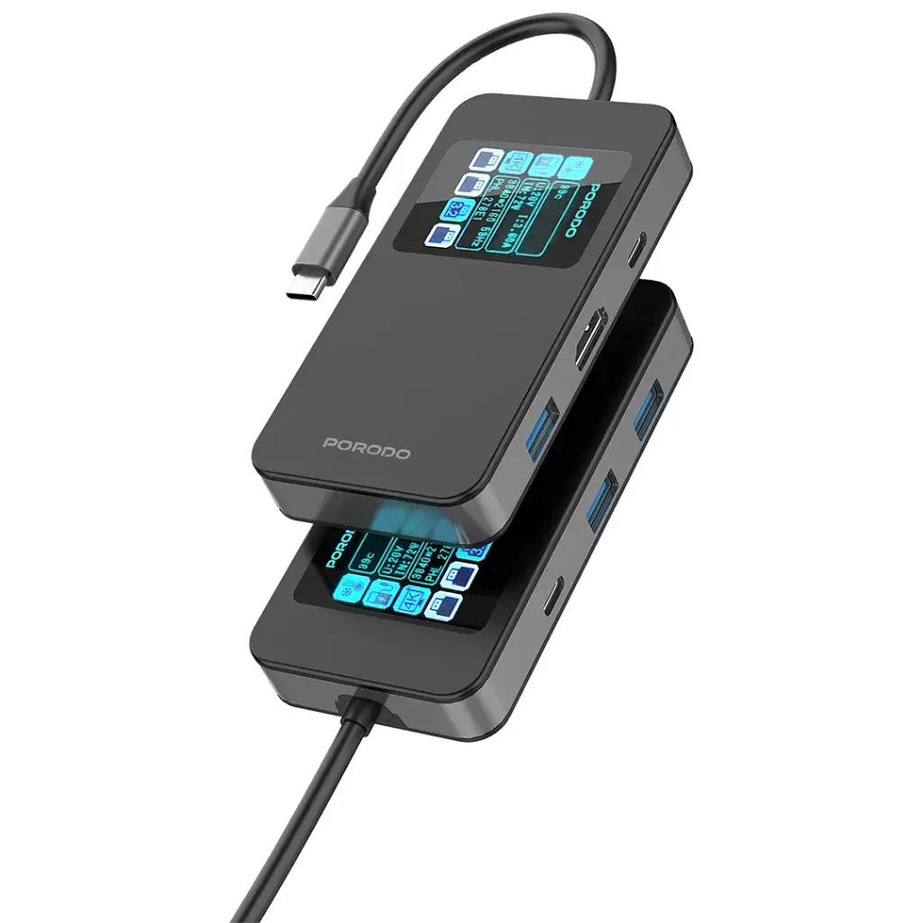 Porodo 6-In-1 Multi-Port USB-C Hub with Smart Digital Display - Gray