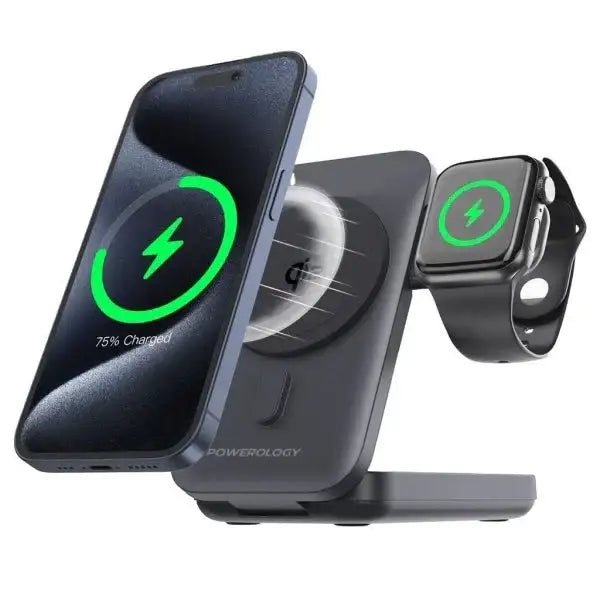 Powerology 10000mAh Qi2 - 15W iPhone 15 Magsafe Powerbank - Watch Charger Black - GulfStore.com