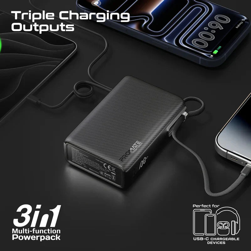 PROMATE Titan-35W Power Bank 20000MAH with Built-in USB-C Cable - 35W / USB-C / USB-A / Black
