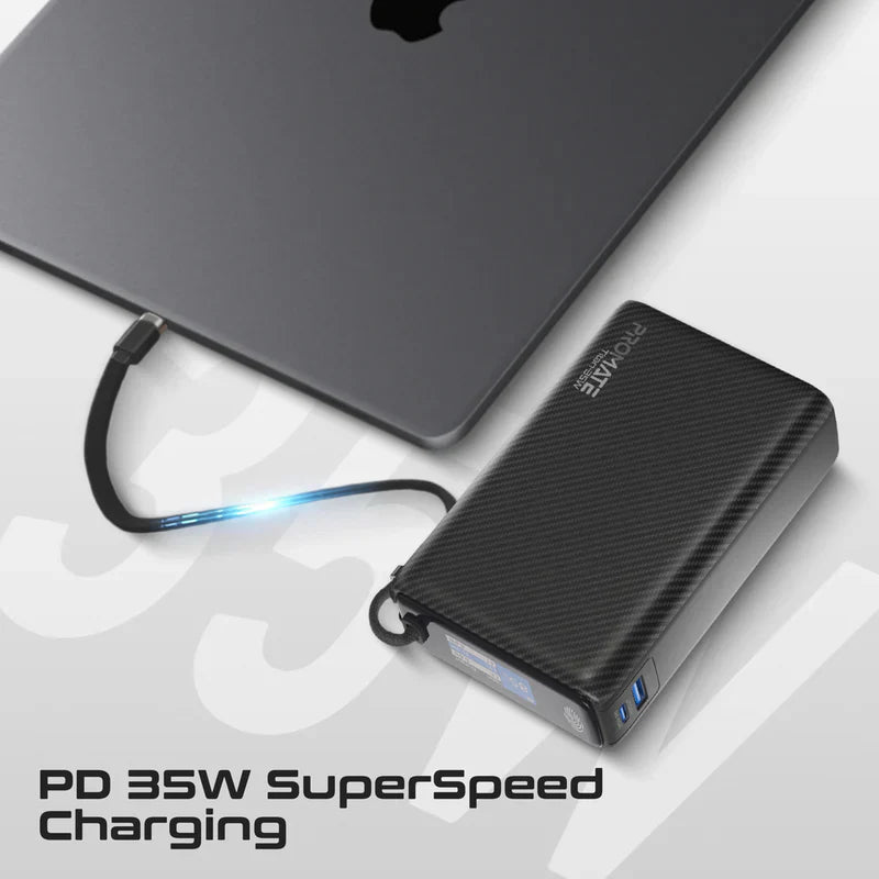 PROMATE Titan-35W Power Bank 20000MAH with Built-in USB-C Cable - 35W / USB-C / USB-A / Black