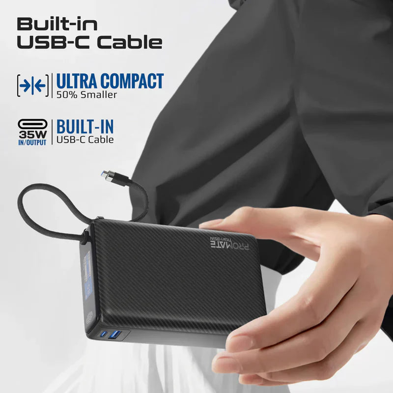 PROMATE Titan-35W Power Bank 20000MAH with Built-in USB-C Cable - 35W / USB-C / USB-A / Black