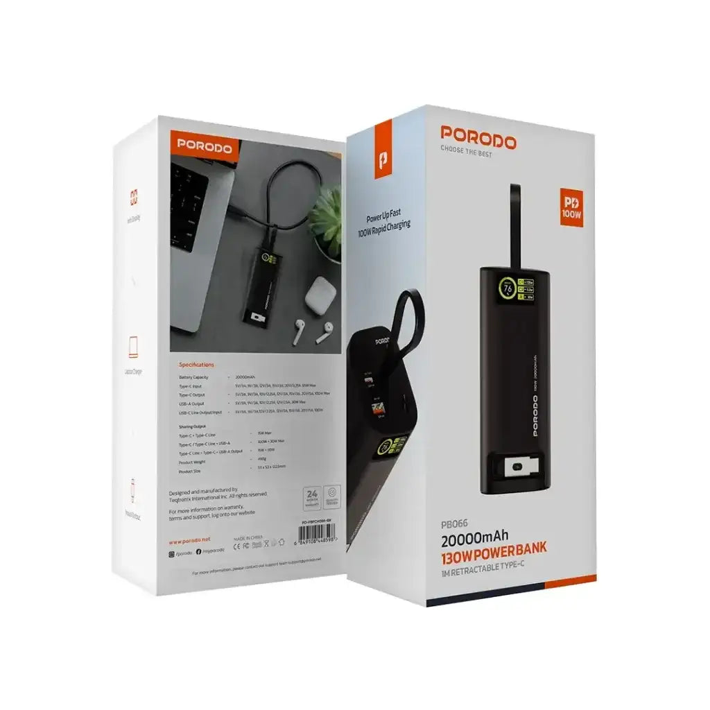 PD-PBFCH066-BK , Porodo 20000mAh 130W Power Bank 1M Retractable Type-C Cable - Black - GulfStore.com