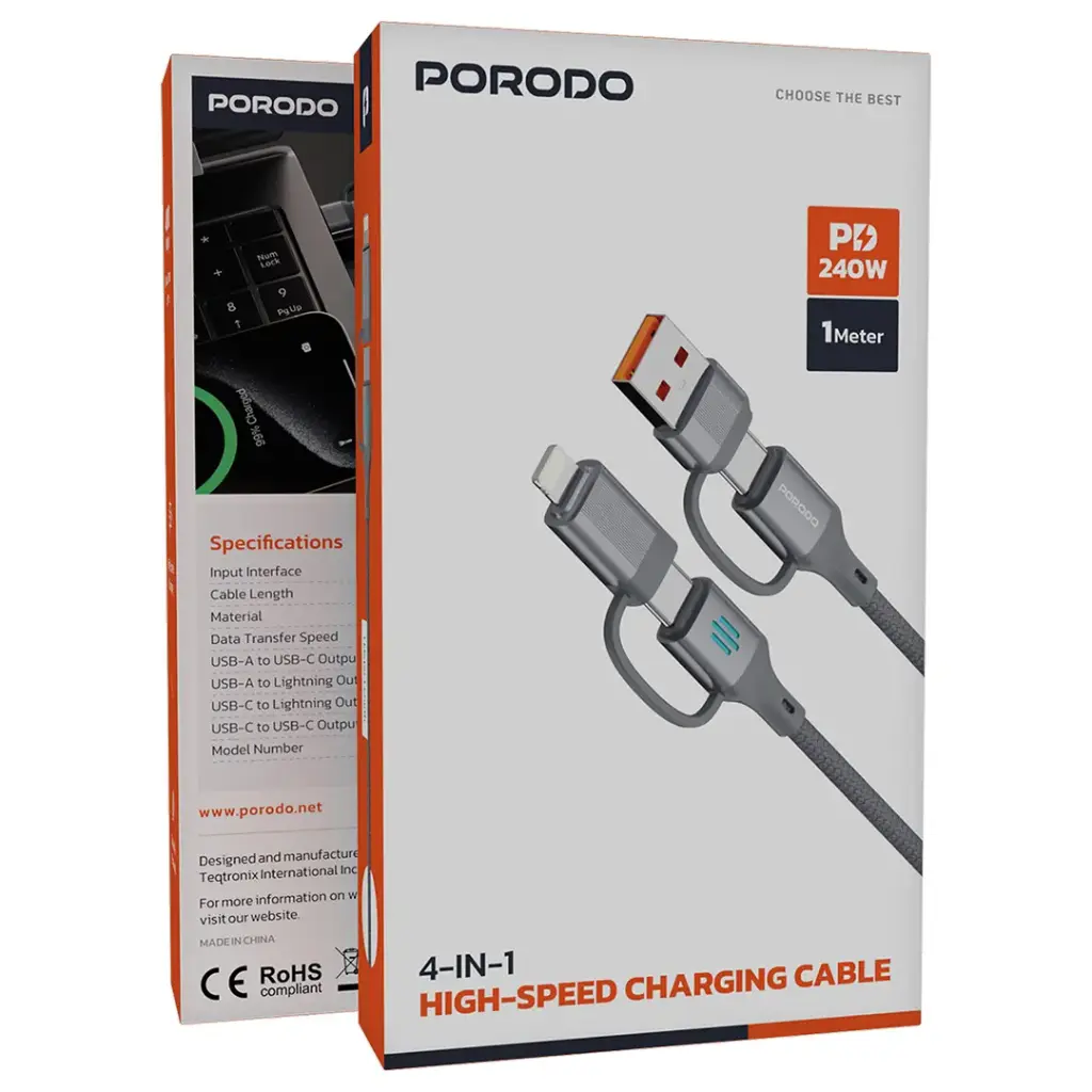 PDCDCGY | Porodo 4in1 High Speed Charging Cable 1M - Grey